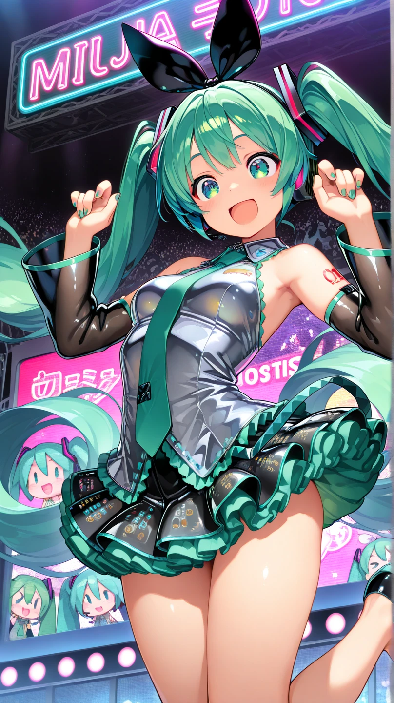tmasterpiece,Best quality at best,hyper detailed illustration,Extremely refined and beautiful, 1girll,独奏,light smile, Big breasts Hatsune Miku,double tails,(live stage),Particles of Light,