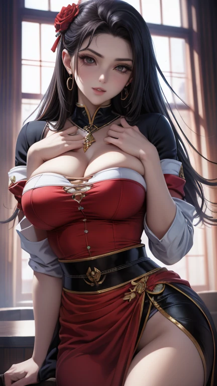 ((Best Quality)), ((masutepiece)), (Detailed), Perfect face a beauty girl cleavage of the breast red eyes long, thick black hair Blunt bangs Gorgeous dresses worn by aristocrats