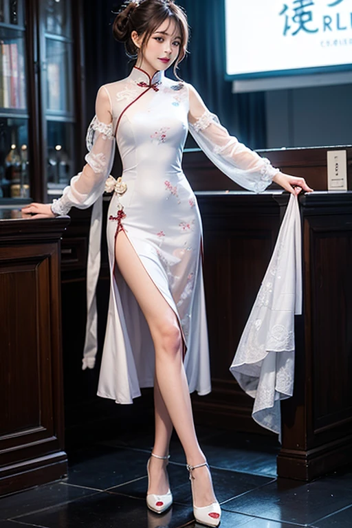 ((((masterpiece, best quality, high resolution)))), Extremely detailed 8K, Beautiful girl with voluptuous body, (Ultra HD, Ultra-detailed, Highly detailed, Highly realistic, Ultra-realistic, photograph realistic), (1girl:1.5), (Realistic white hair), (short silky hair, hair ornaments, earrings), (dynamic poses), facing at camera, looking at viewer, (blushing red, embarrassed, exhausted, smile), (bright red eyes, sharp eyes), (small perky breasts:1.2), (wide hips:1.2), (beautiful detailed face, beautiful detailed eyes), ((black sheer translucent cheongsam)), (standing up:1.3), sweat, glow, (sunbeam, sunlight), ((cowboy shot)), seductive