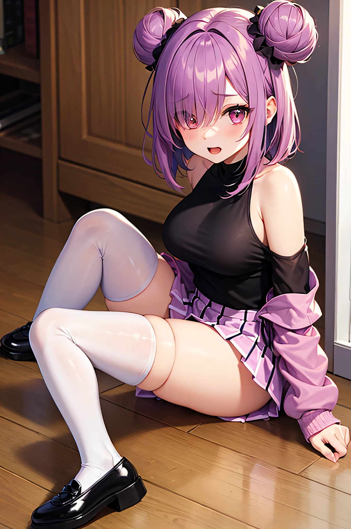Elementary school girl, 8 years old, A cup breasts, white hair, long hair, purple eyes, smiling face（one person） Pink sleeveless top　Black mini skirt and white panties（（I can see her panties）） Barefoot Girls Room　Sitting on the floor　Dynamic angle Low angle bear girl and  cat girl