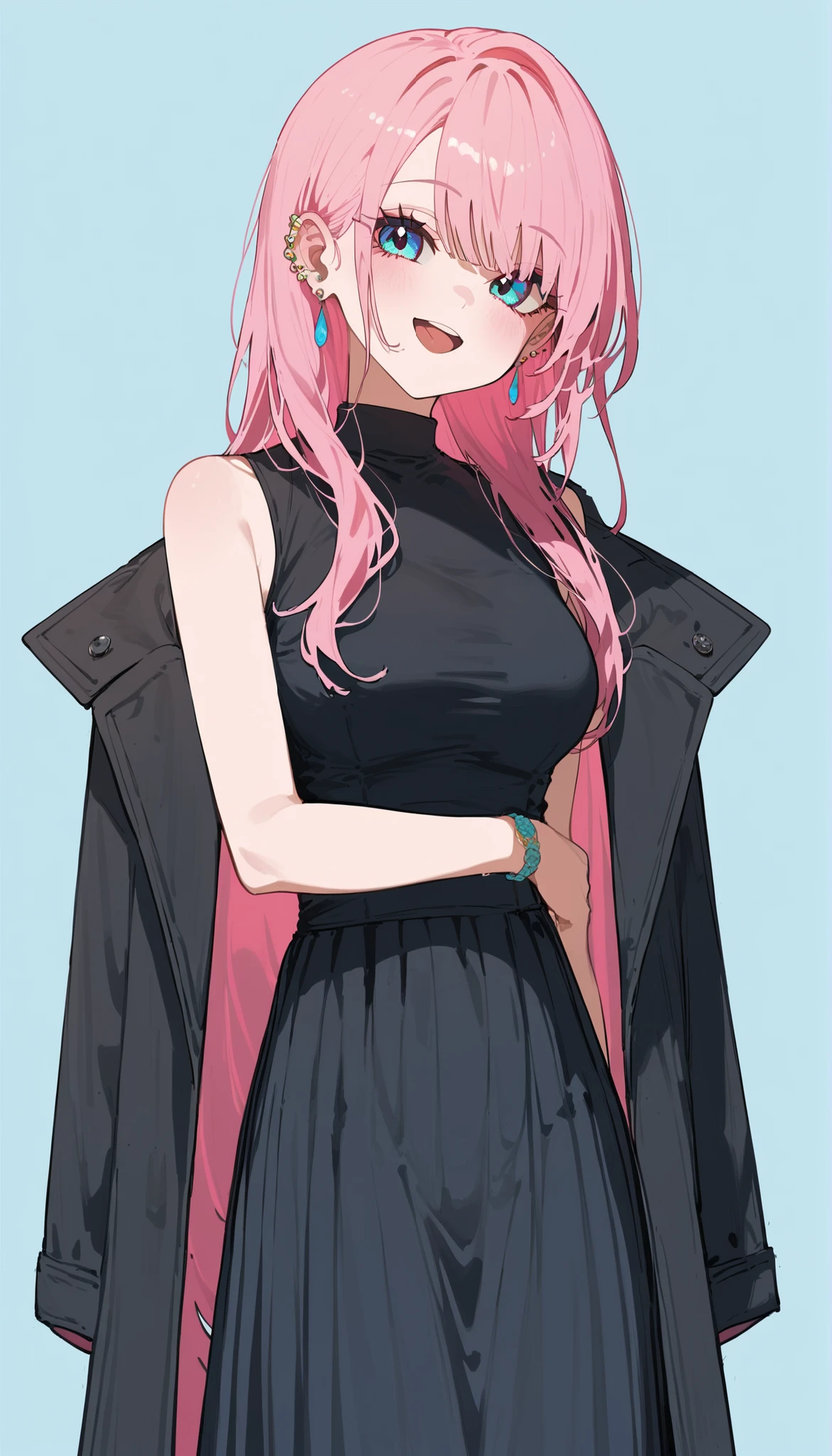 (8K, top-quality, masterpiece:1.2), (reallistic, Photorealsitic:1.37), Super Detail, One girl,), (Highly detailed), (beautifully detailed eyes), (of the highest quality), (super detailed ), (masterpiece), (Detailed face),20yr old, ,1 girl, ((pink hair,long hair)), medium breasts, clothed, Perfect Lighting, BREAK (black turtleneck:1.3), long sleeves, (soft fabric:1.1), (smooth texture:1.1), (black tights:1.3), (thick opaque:1.1), (simple and chic:1.1), (all black cloth:1.5), (gold chain necklace:1.1), (small diamond studs:1.1), BRAKE, (upper body to thighs:1.1), (pink long hair:1.2), (smiling:1.1), (face turned slightly:1.1), (hands on collar:1.1), (one foot forward:1.1), (white background:1.1), (bright lighting:1.1), BRAKE