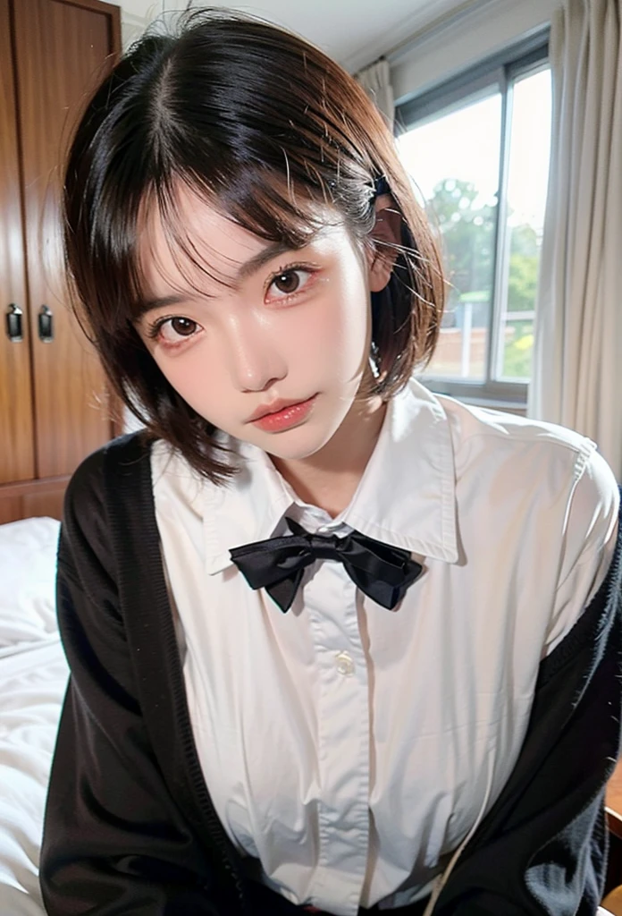 (1girl), (masterpiece:1.3), (8K), (top quality:1.2), (real picture:1.2),(17years old:1.2),(short hair:1.2), (lblack hair:1.3),(attractive girl:1.2), (ahe face:1.8),(stick out her tongue:1.2),(evening1.1),(school uniform:1.2),(classroom:1.2),sunset,(bukkake:1.2)