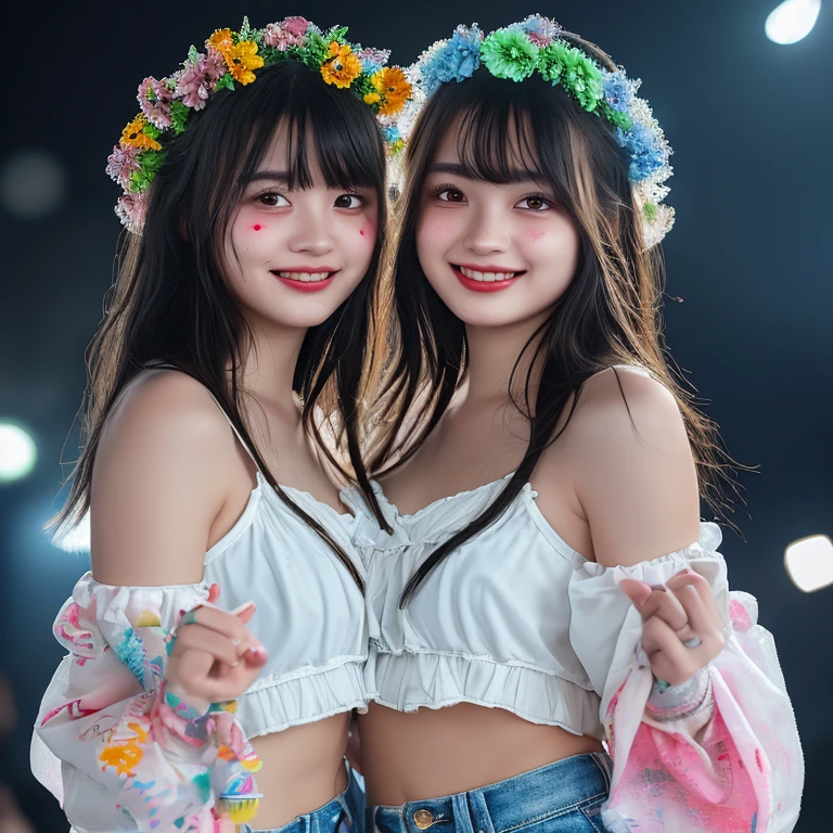 best qualtiy，(((raw photograph,two girls,duo))),tmasterpiece，extremely detaile，A high resolution，4K，超A high resolution，detailedshadows，Perfect light and shadow，Two girls in costume taking selfies on the street，Colorful little braids，anime cosplaying，Anime style mixed with Fujifilm，Bigchest，adolable，big laughter，