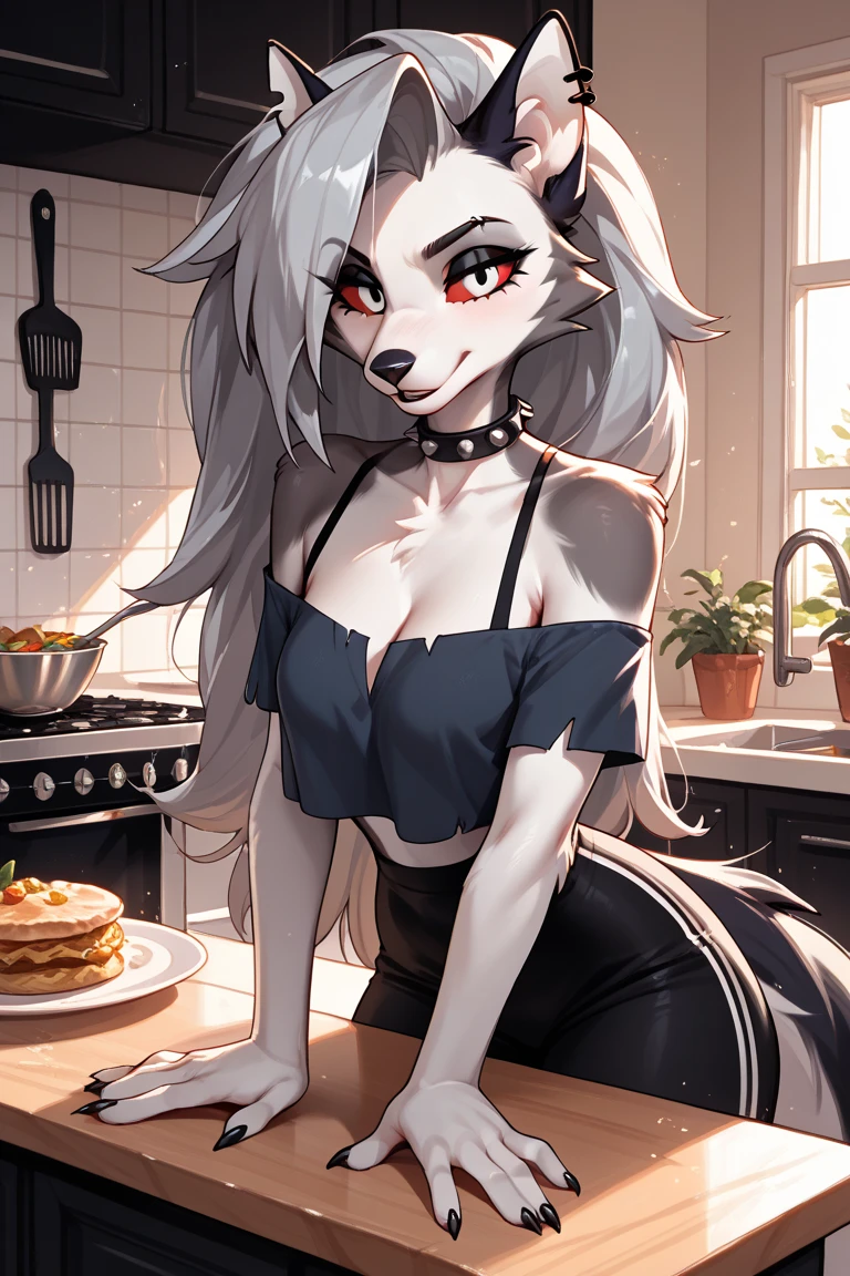 masterpiece, best quality, loona hellhound, loonatightcookingapron, big breast, detailed face, detailed eyes, (slit pupils, white eyes), red sclera, happy, [smile, [spiked collar]], pentagram, fingerless gloves, digitigrade, standing, kitchen, sunny rays 