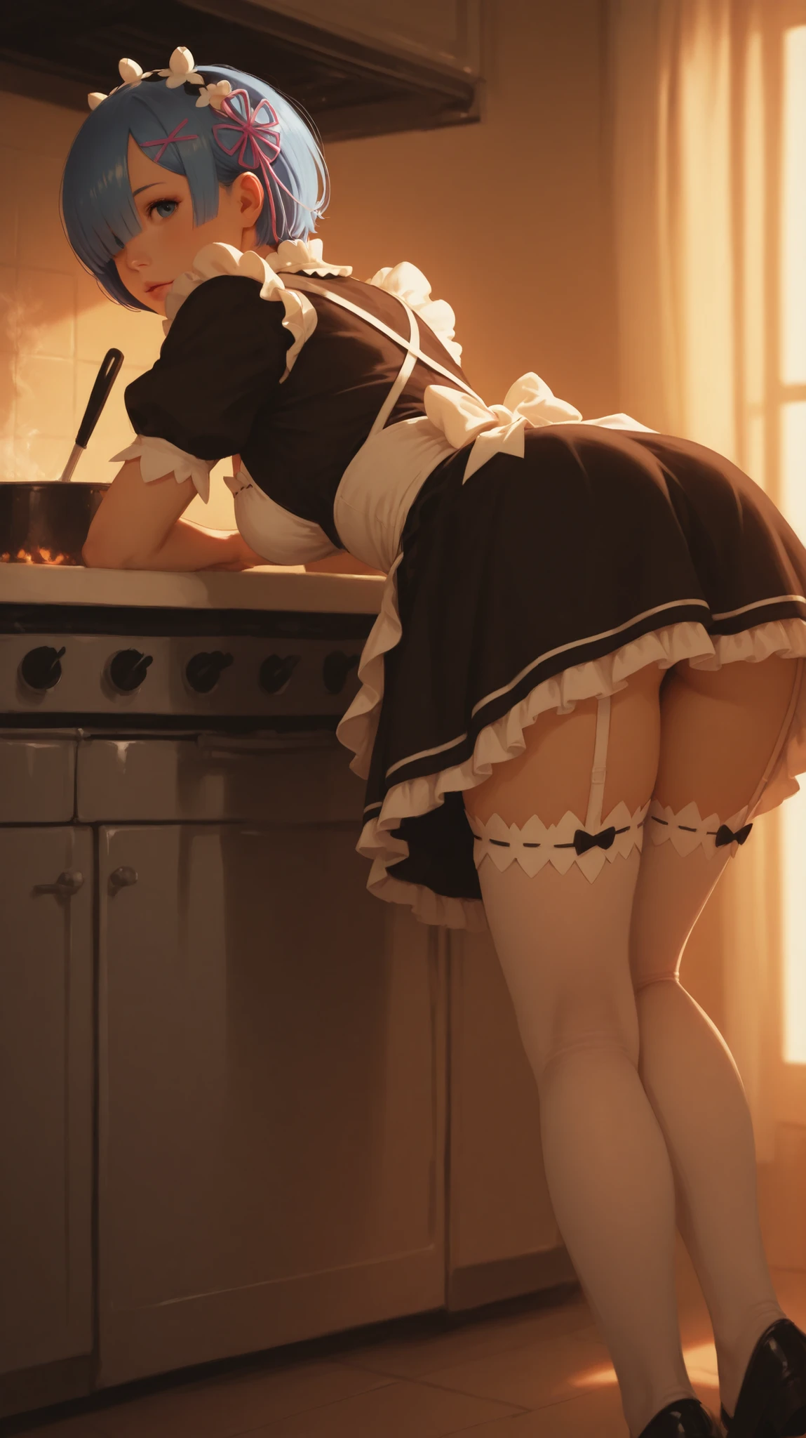 (official art、highest quality、Unity 8k wallpaper、32K、masterpiece、super detailed、超high resolution、realistic、Photoreal:1.2)、(cinematic lighting:1.2)、fire glow effect、film grain、best shadows、rim lighting、side light、(Super detailed and complex 3D rendering)、Background like Makoto Shinkai、very beautiful background、detailed beautiful face and eyes、(Beautiful and sharp pupils)、masterpiece, high resolution、highest quality, ultla highres, maximum resolution, very detailed, professional lighting, beautiful skin, 28 year old woman、very pretty、((Cafe、tea house、waitress、maid、maid服、maidの服装、maid服のスカート))、((((standing with your back facing、Spread your legs wide、Take off your tights、crawl on all fours、Without panties、buttの穴を披露、Show off your))))、bright hair color、blonde、neat bangs、bangs、dull bangs、(((((sexual excitement、orgasm、blush)))))、(((super low angle)))、(((bra、butt、hip line、Sweat、love juice)))、((((nsfw))))