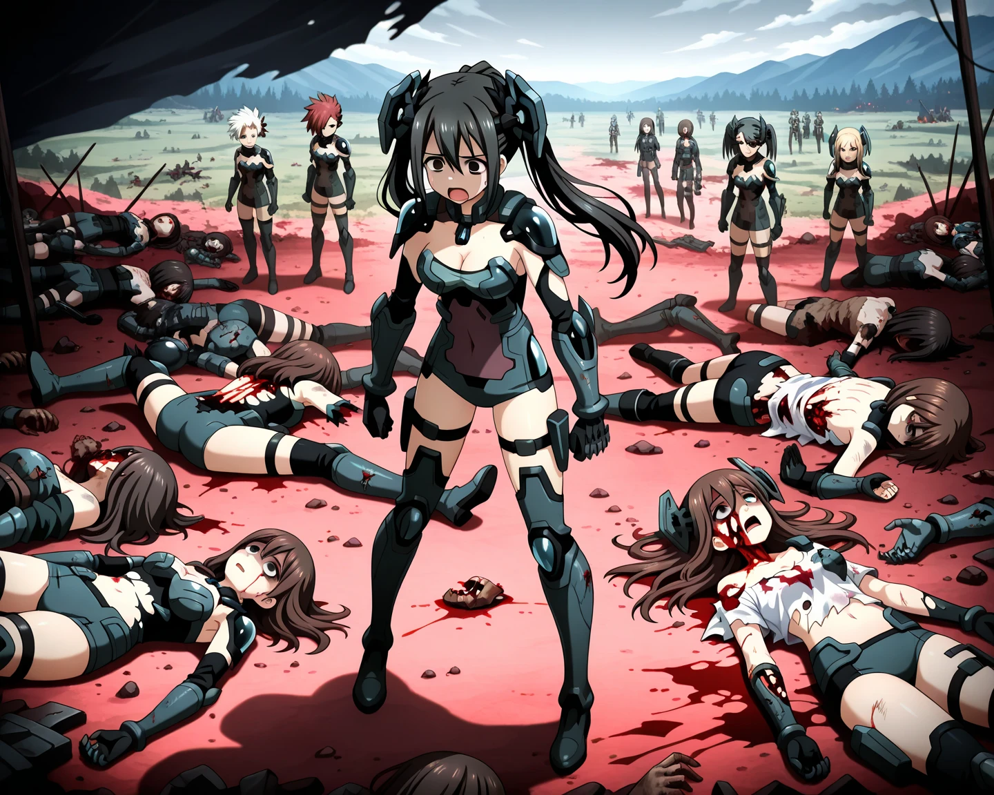 Detailed Background、A person who writes in detail、Accurate human body、Knowledgeable person、The correct five、1 mature woman,18-year-old,Excellent anatomy, masterpiece, highest quality,Realistic, hyperRealistic, 16K HDR,(Braiding,Cleavage,damaged body,Sweat,Beautiful Face,Mature Woman,(,Metal collar:1.2) ,(handcuffs:1.2),(On all fours,top down:1.3),Fantasy World,Outdoor,village,blue sky,(Surrounded by many vicious horny goblins:1.3),(Chain Leash,Pull the leash,lead:1.2),(Goblin Riding, Goblin riding a girl,Grab her head:1.3),Thick thighs from the side,cruvy body,black hair,short hair with long locks,short hair,sidelocks,purple eyes,bangs,black hair,