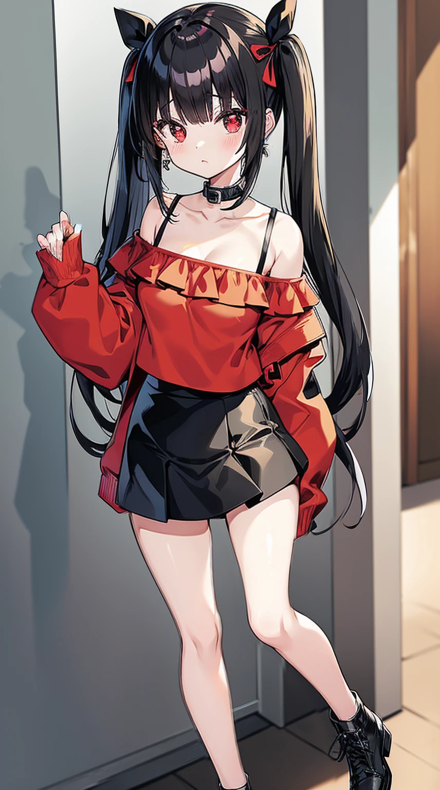adulto, Cabello negro ondulado, mirada penetrante con ojos profundos de color rojo, estatura promedio, Silky hair with a ponytail hairstyle collected with a red bow with two white lines, tiene pechos medianos, primer plano, session, standing in the middle of his room [[[Risa malvada]]] , Sonrojada, muslos grandes, falda corta, blusa corta de tirantes, elfa, showing her ass to the camera, lifting her skirt so that her panties can be seen, skirt rising