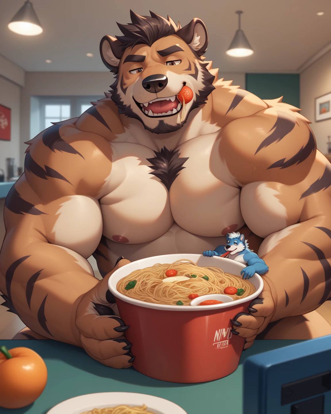 (masterpiece,Highest quality,Very detailed,Perfect Anatomy),kemono,Sharp focus, From null-ghost,alone,Humanity,Muscular,pokemon,Incineroar,Beautiful eyes,naked,morning,Wash your face in the sink,Waking up,There is a beautiful vase,Feeling overlaid