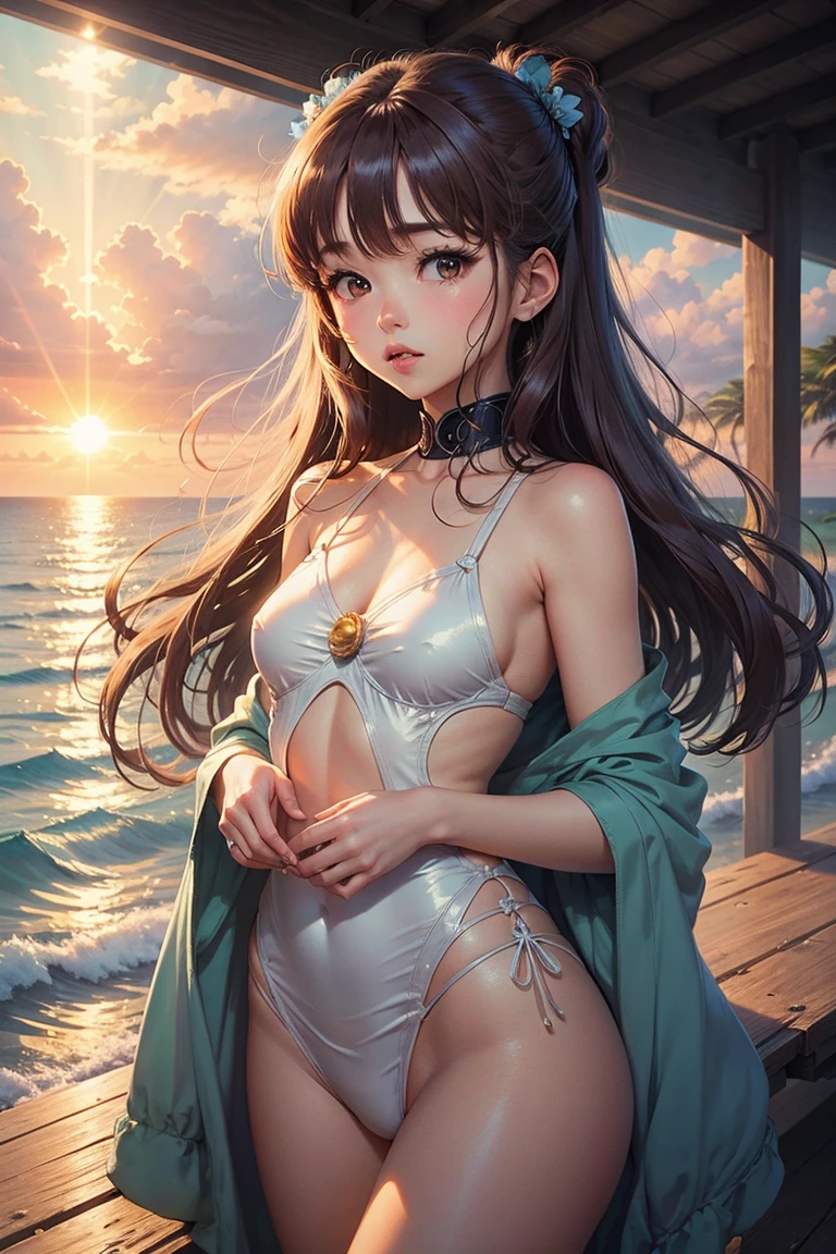 18 yo girl, transparent modern beach costume, wet, long hair, rain, roof, masterpiece, intricate detail, perfect anatomy