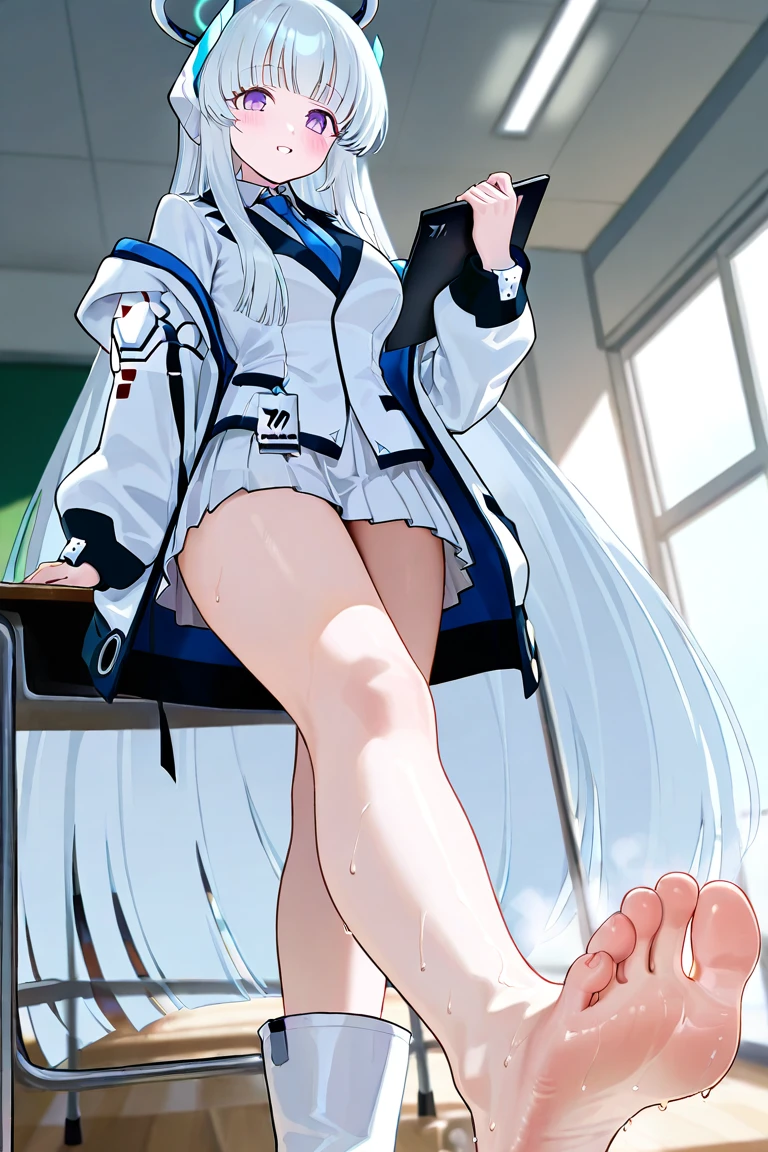 ((paimeng girl))(hoodie:1.3),classroom,, masterpiece, best quality,write leather boots,1girl, 独奏, thighhighs, Paimon (genshin impact), long sleeves, white dress, dress, Halation, thighhighs under boots, single thighhigh, bangs, boots, hair between eyes, white footwear, white thighhighs, white hair