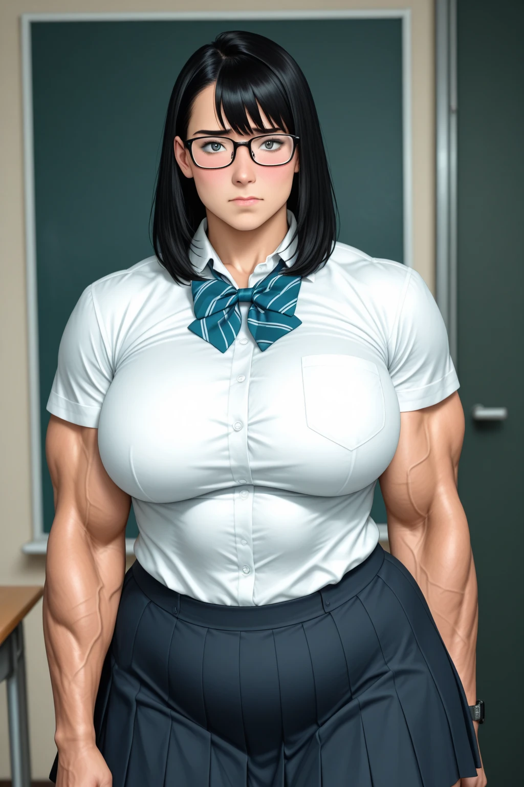 (1girl), black hair, extremely long hair, yellow eyes, (massive female bodybuilder) (huge breasts) thick thighs, solo, angry, (pale skin), cowboy shot,
