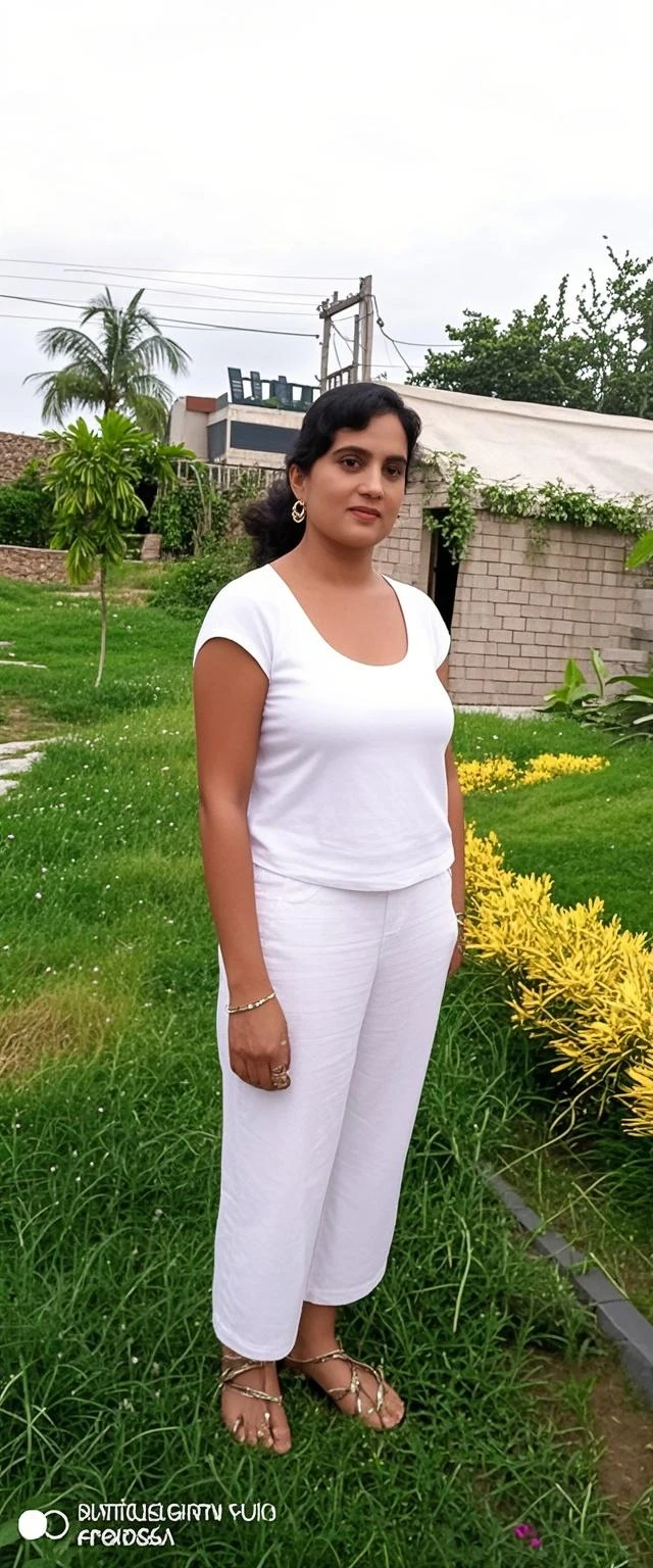 There's a woman sitting on a bench with a green landscape behind her, Green shrubs back, mulher curto ondulado de cor preta, olhos castanhos, pele clara, usa uma t-shirt de cor branca