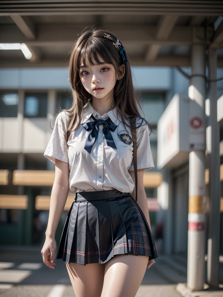 Lakeside park with sunlight shining through the trees, (school uniform, shirt, skirt), japanese girl, , skinny body, flat chest, extremely cute face, extremely ultra detailed face, extremely ultra real skin, extremely ultra detailed eyes, extremely ultra surrealism, (masterpiece, best quality:1.2), octane rendering, (8k, uhd, ultra high res), (super realistic details), extremely intricate detail, super real texture, professional lighting, (realistic), (RAW photo:1.2), (photorealistic:1.5)