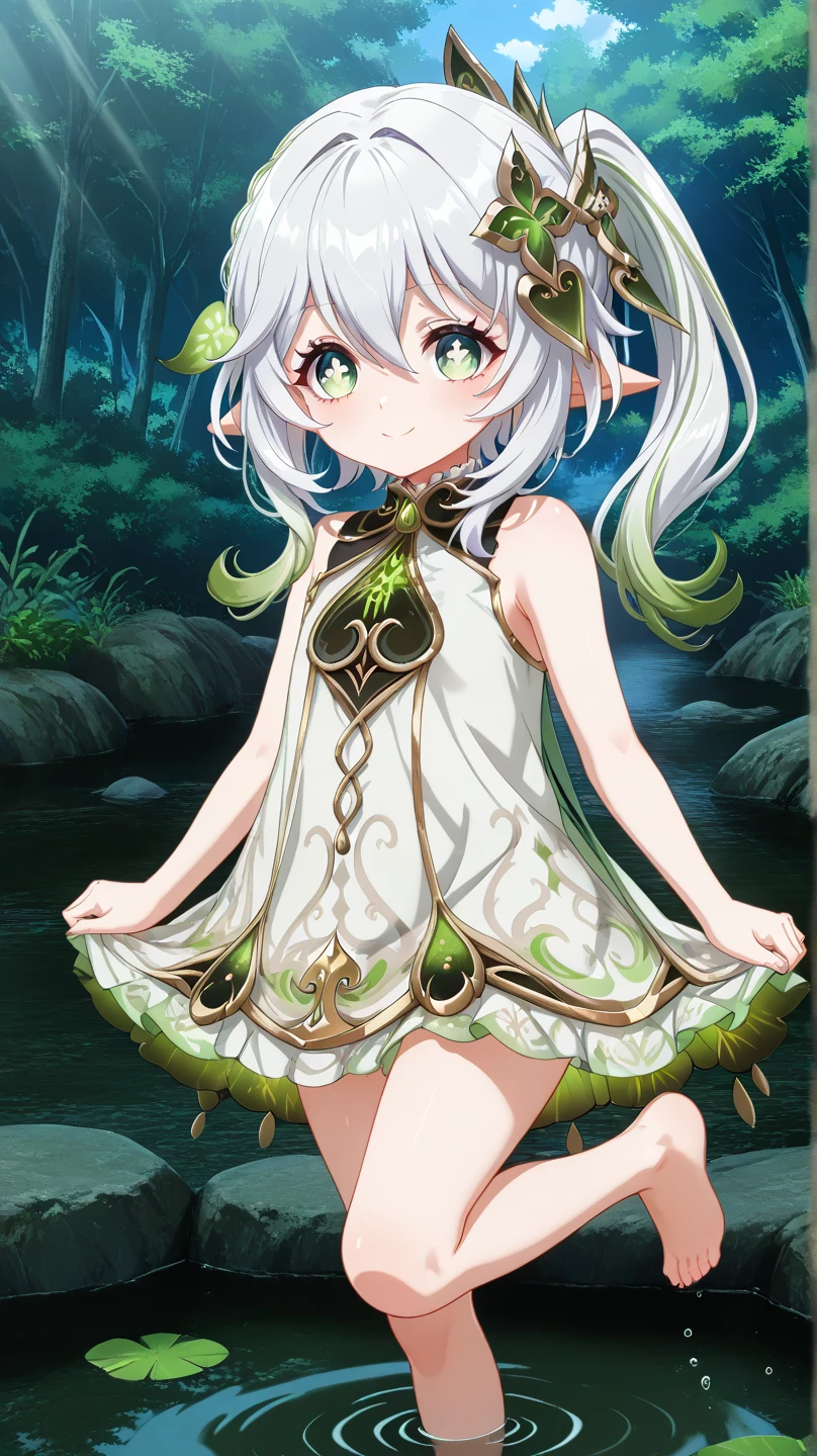 Nahida( Genshin)、8age、morning、Forest pond 、Bathing、splashes、white dress is transparent,standing on one leg,anime coloring、smile、action painting ,yubu,masterpiece、Highest Quality,nude,cowgirl,