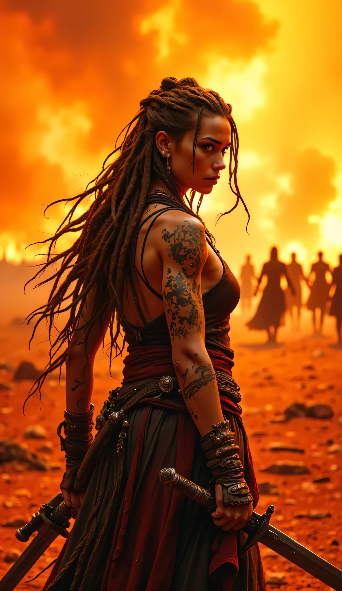 lonely female warrior with long fluttering dreadlocks, visible side profile, showing a determined female face, muscular arms and hands, clutching two swords with detailed fingers, wounded body in a fighting stance, backend types, four armed silhouette figures approach in the distance, dramatic fiery landscape with warm orange-yellow-red tones, dusty sandy reddish earth, high contrast between dark silhouettes and bright background, cinematic lighting, Epic battle scene, resolution 8k, results are extremely detailed, sharp focus, bright textures, Realistic lighting, high resolution, intricate details, textured leather, dynamic composition, cinematic atmosphere.
