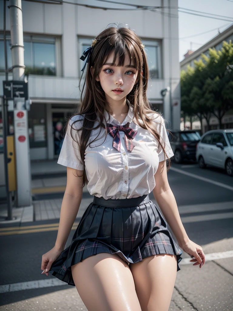 extremely detailed CG unity 8k wallpaper, best quality, ultra-detailed, masterpiece, realistic, photo realistic, extremely detailed cute girl, 20years old, (((skirt lift by myself))), (lifted by self), panties , panties focus, blush, parted lips, looking at viewer , half body shot , (crowd), (crowded city) , wavy hair