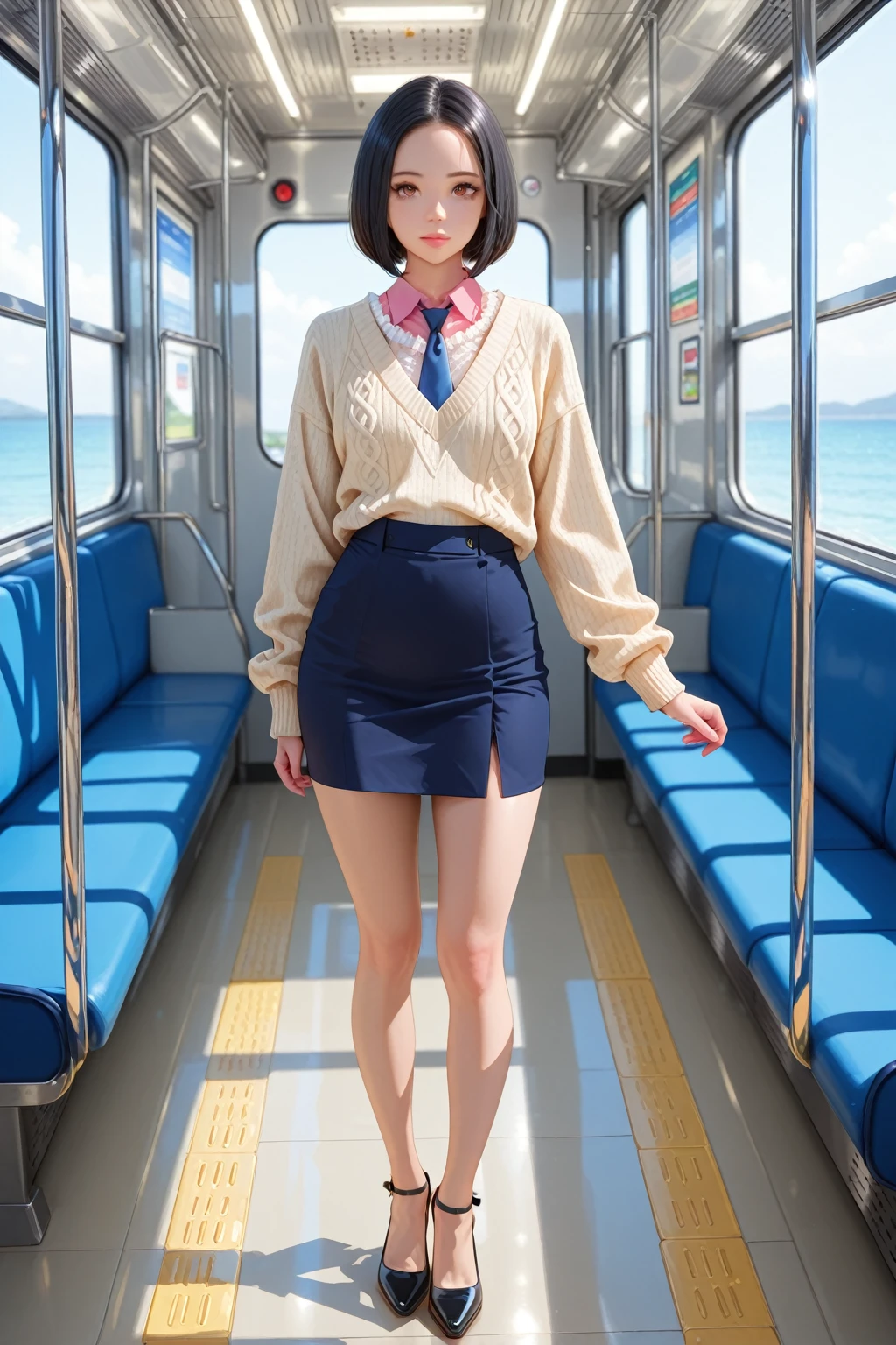 masterpiece, best quality, illustration, Super detailed, fine details, High resolution, 8K,wall paper, perfect dynamic composition,(Details High quality, realistic depiction of eyes:1.3), Black Sailor Uniform, serafuku, Navy pleated skirt, sitting, open legs, short bob hair, Sitting on a train in Tokyo, deep on field, large breasts, black hair color, Big Natural Color Lip, (perfect body shape), crying a little、Harajuku style、20 year old girl、cute type、beautiful legs, Gravure Idol