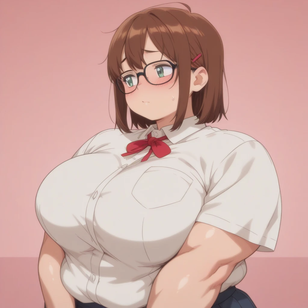 Stema Peace、hanekawa tsubasa、attack of glasses、A dark-haired、large boob、 (Black hair, Brown eyes, Round face), (nose blush, half opened eye),, [Full body shot]、eye glass、Head-to-toe shots、A dark-haired、Tying up the chest...、lifted by a rope、