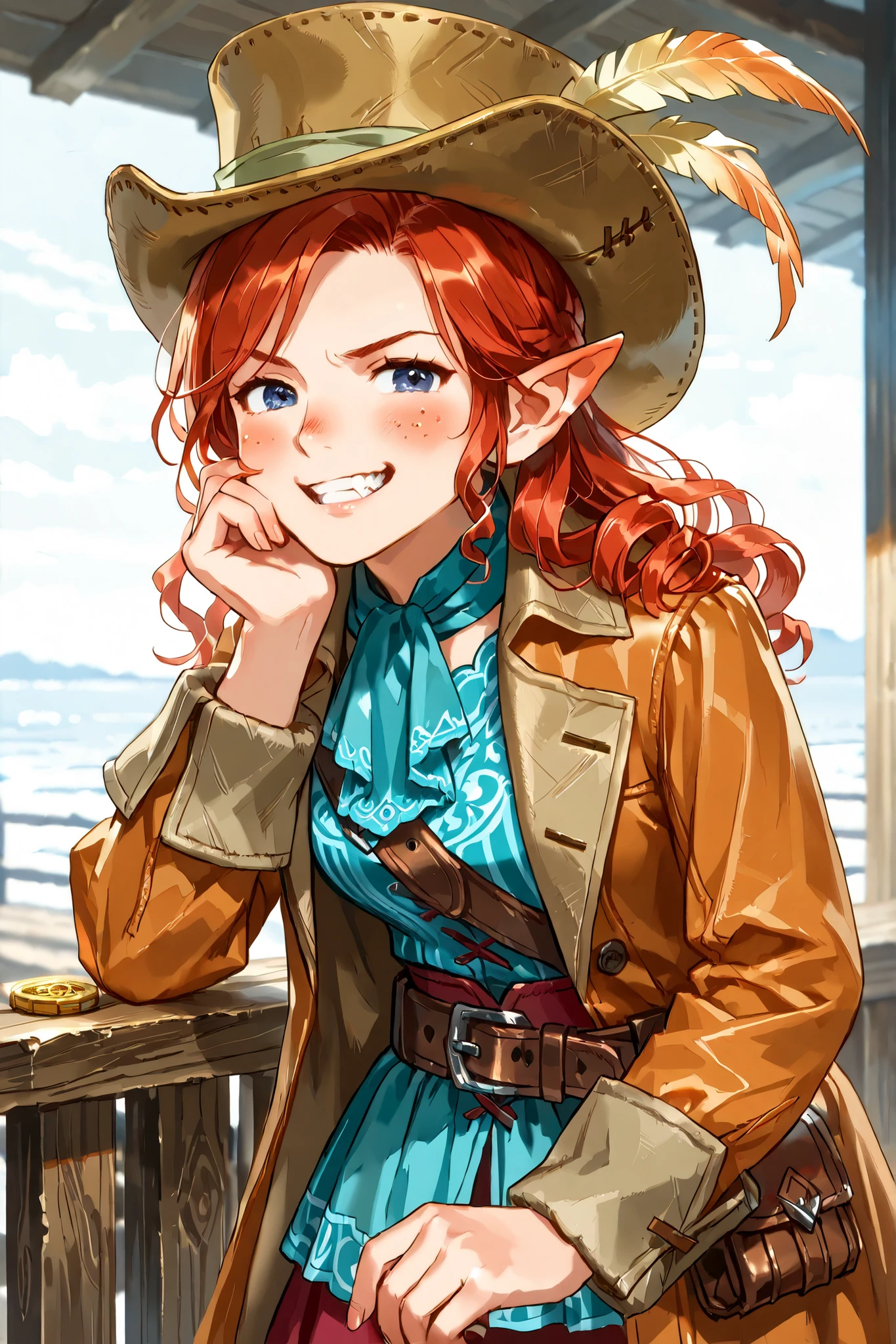halfling,  female, white skin, short stature, curly red hair, dark blue eyes, glossy lips, rosy cheeks, (wearing a large turquoise silk top hat, slightly worn and weathered), wearing a slightly worn turquoise trench coat, grey breeches, leather belt with a pouch,  slouching on a wooden pier on the coast, flipping a gold coin in her right hand, sunny day, (grinning, confident, feisty),  [18th century clothes, pirate era clothing], fantasy art, dungeons and dragons, close up, npcp