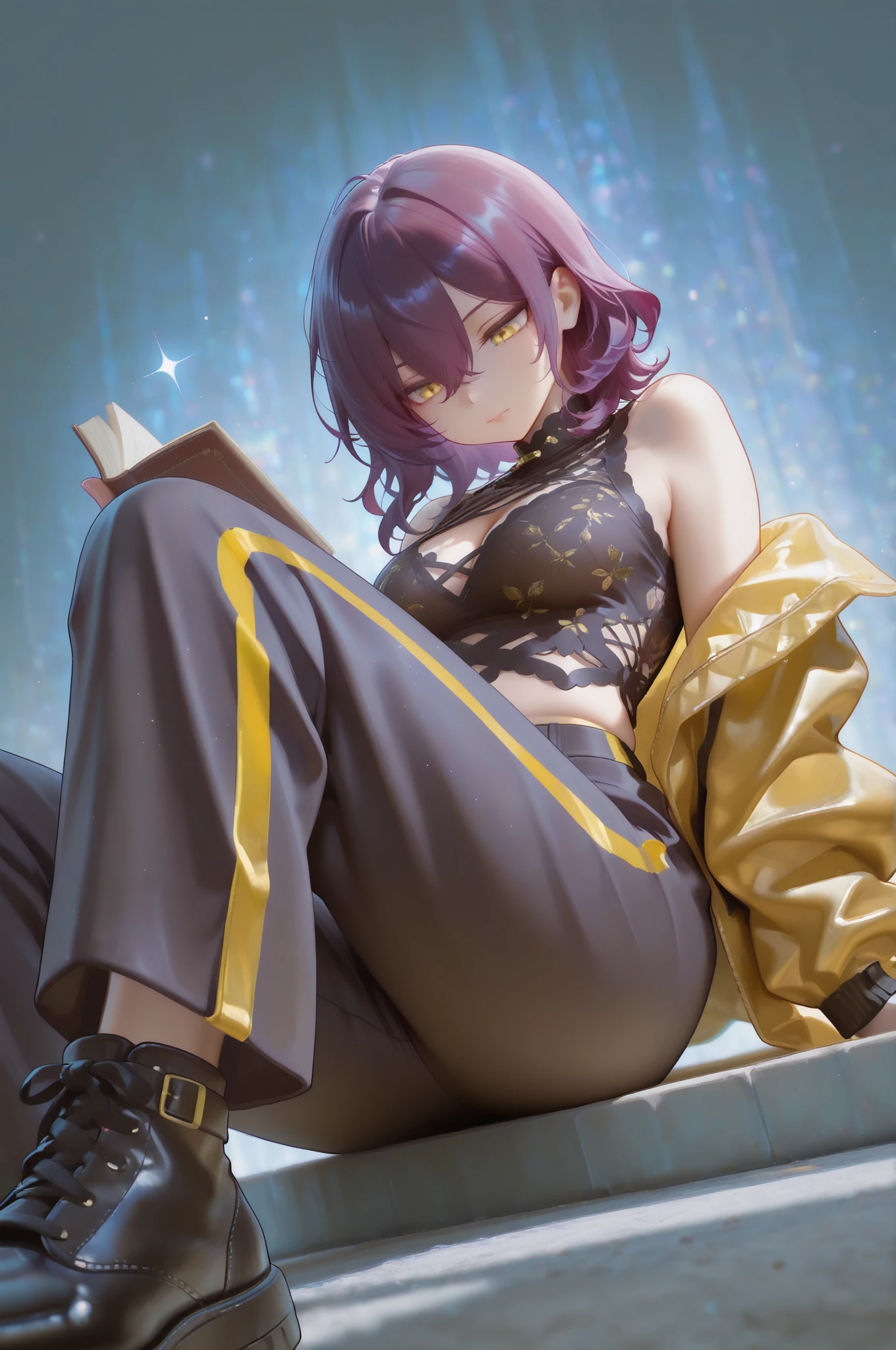 1girl, yellow eyes, deep purple hair, medium hair, wavy hair, very long bangs, hair between eyes, medium breasts, slender, beautiful, male cool clothes, cool fashion, intricate clothes, intricate accessories, intricate patterns, cool, stylish, streetwear, yellow themed attire, deep purple trim, sleeveless, black cross-lace shirt, cleavage, deep purple pants, black shoes, cross-lace sandals, solo, looking at object, closed mouth, full-body, sitting, holding book(object), dynamic pose, (dynamic angle), dynamic perspective, from below, blue background, cinematic, cinematic lighting, cinematic shadows, atmospheric lighting, glowing, glowing_effect, sparkling, particles, sparkle_effect, light_particles, glitter, glitter_effect,