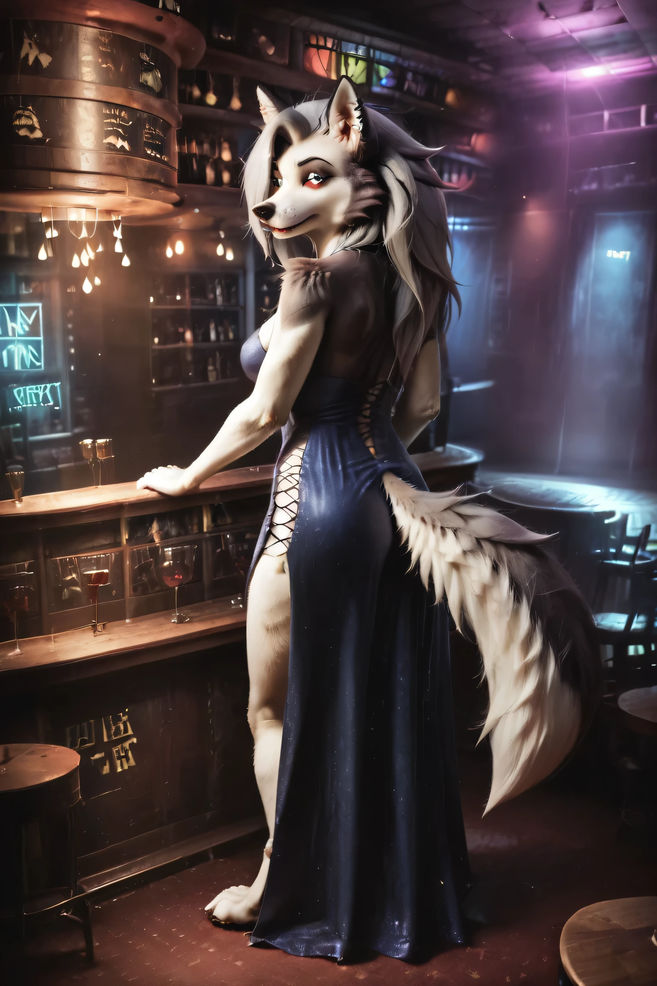 Loona, furry, fluffy tail, solo, evening dress, ruanyi1098, bar \(place\), tired look, standing at the counter with a glass of whiskey, low lighting, side view, high-range shot, ultrahigh details, ultra-realistic photo, two-tone fur, gray fur, anthro, wolf girl, animal nose, wolf tail, red sclera, white iris, canine teeth, bangs, absurd res, detailed skin, detailed hair, extremely detailed, sharp focus, sharp details, 8k,