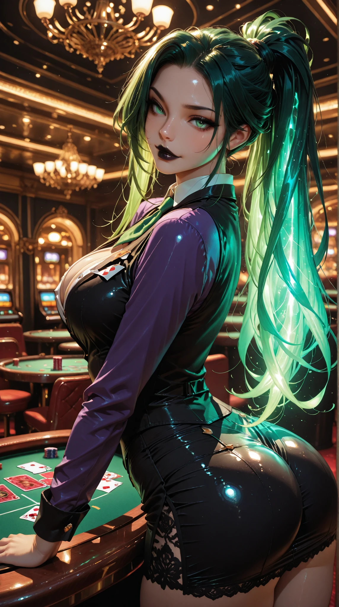 masterpiece, highest quality, Very detailed, One girl, fix, Mature Woman, alone, (Dark Skin, Dark Skin:2), Elsa Granhilte, (Huge breasts:1.3), ((((Aqua Hair), Long Hair, Purple eyes, elongated pupils))), Lips parted, (((Playboy Bunny, pantyhose))), ((blush, Mischievous Smile), Mouth closed), ((Sitting at the table, casino))