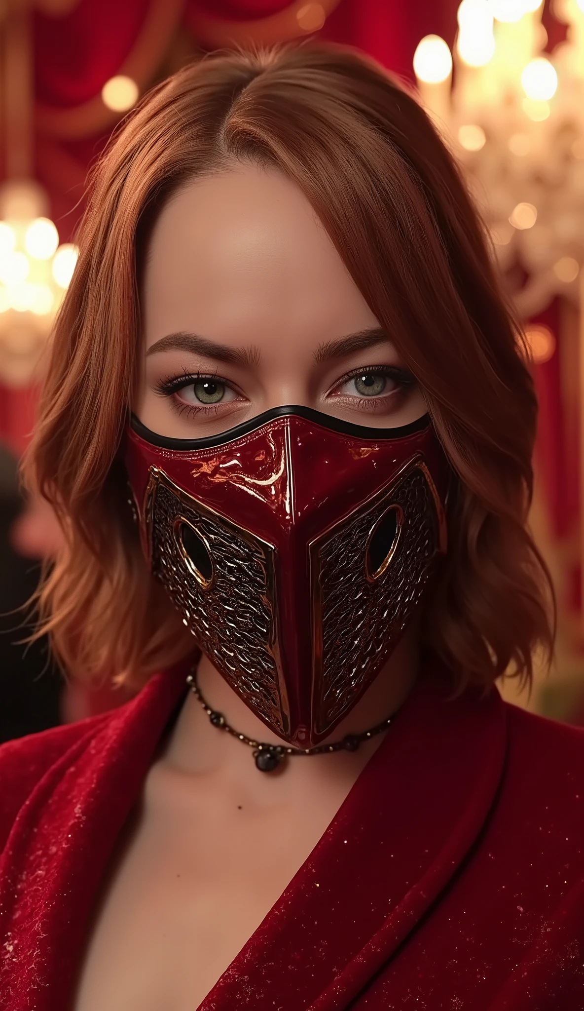 Emma Stone from Scarlet from Mortal Kombat with her hyperrealistic and detailed mask with solid iron on the red and black mask epic background of a luxurious place such as a hyper realistic gala party red theme upper body