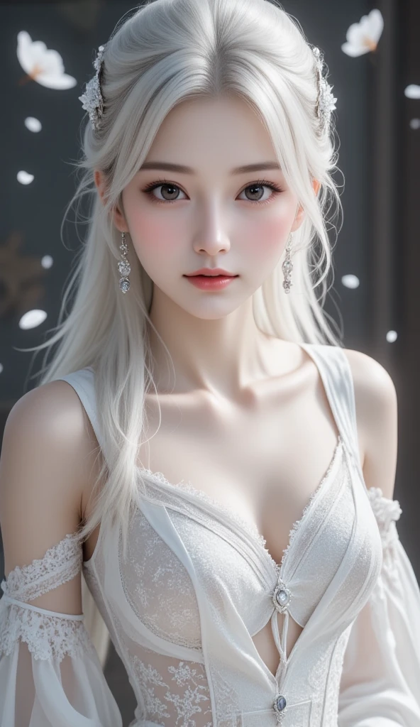 White hair female,close up, concept designs, white background, Caucasian, detailed eyes, detailed lips, elegant breasts, beautiful cleavage, rosy nipples, D cup, naked   ethereal aura, flowing hair, elegant pose, intricate jewelry, delicate features, fantasy elements, vibrant colors, soft lighting, dreamlike atmosphere, dynamic composition, surreal landscapes, magical aura, intricately designed clothing, celestial theme, wisps of mist, fine brushwork, ethereal beauty, celestial beings, otherworldly presence, mystical elements. (best quality,4k,8k,highres,masterpiece:1.2),ultra-detailed,(realistic,photorealistic,photo-realistic:1.37), HDR, UHD, studio lighting, ultra-fine painting, sharp focus, physically-based rendering, extreme detail description, professional, vivid colors, bokeh, portraits, landscape, horror, anime, sci-fi, photography, concept artists, color palette, soft pastels, luminous shades, ethereal lighting, angelic figures, cosmic inspiration.