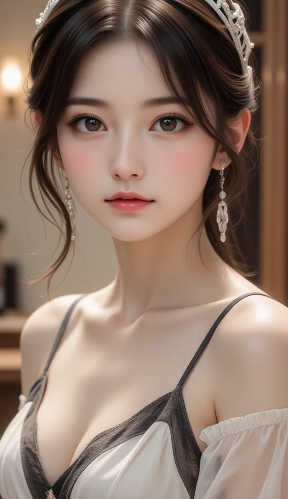 8K, Top Quality, Intricate Details, Ultra Detail, Ultra High Resolution, black hair,Masterpiece,(yinchuan:1.5),Unbelievable delicacy,The face is very delicate, masterpiece, top-quality, Raw foto, Photorealsitic, large full breasts、beautiful and flawless face, Soft smile、20 years girl、depth of fields, hight resolution, ultra-detailliert, finely detail, ighly detailed, extremely detailed eye and face, Sharp pupils,Upper body (whole body)