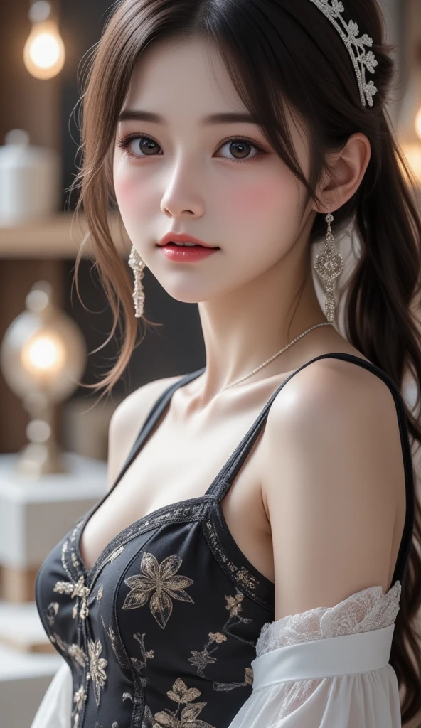 Masterpiece, best picture quality, high quality, beautiful woman, Japanese, popular Korean makeup, detailed, swollen eyes, detailed eyes, detailed skin, beautiful skin, ultra high resolution, (reality: 1.4),very beautiful, slightly younger face, beautiful skin, slender, (ultra realistic), (illustration), (high resolution), (8K), (very detailed) (best illustration), (beautifully detailed eyes), (super detailed), (wallpaper), (detailed face), looking at viewer, fine detail, detailed face, pureerosfaceace_v1, smiling, looking straight ahead, looking straight ahead, angle from waist up, realistic photo, bright lighting, professional lighting, black hair (some green), long hair, dark ruins, big red moon, gorgeous red and black dress, mature woman, long stylish bangs,