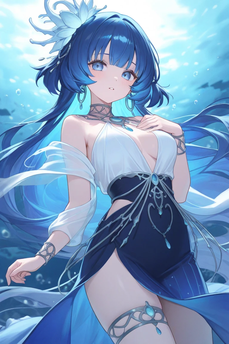 Create a stunning anime girl inspired by the sea. Imagine her with flowing, ocean-colored hair, perhaps adorned with shells or seaweed. Her outfit should reflect marine elements, like a dress with a wave pattern or accessories made of pearls. Capture the essence of the sea in her eyes, making them deep and reflective like the ocean itself."