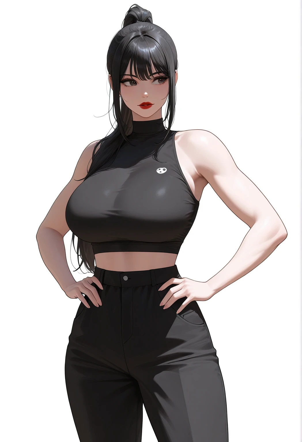 1 girl, muscular, black hair, red eyes, white skin, solo, goth, shoulder length hair, curvy, very wide hips, large ass, narrow waist, thick thighs, very huge breasts, black choker, black tank top, black jean booty shorts, sultry smile, navel piercing, midriff six-pack abs, visible cleavage