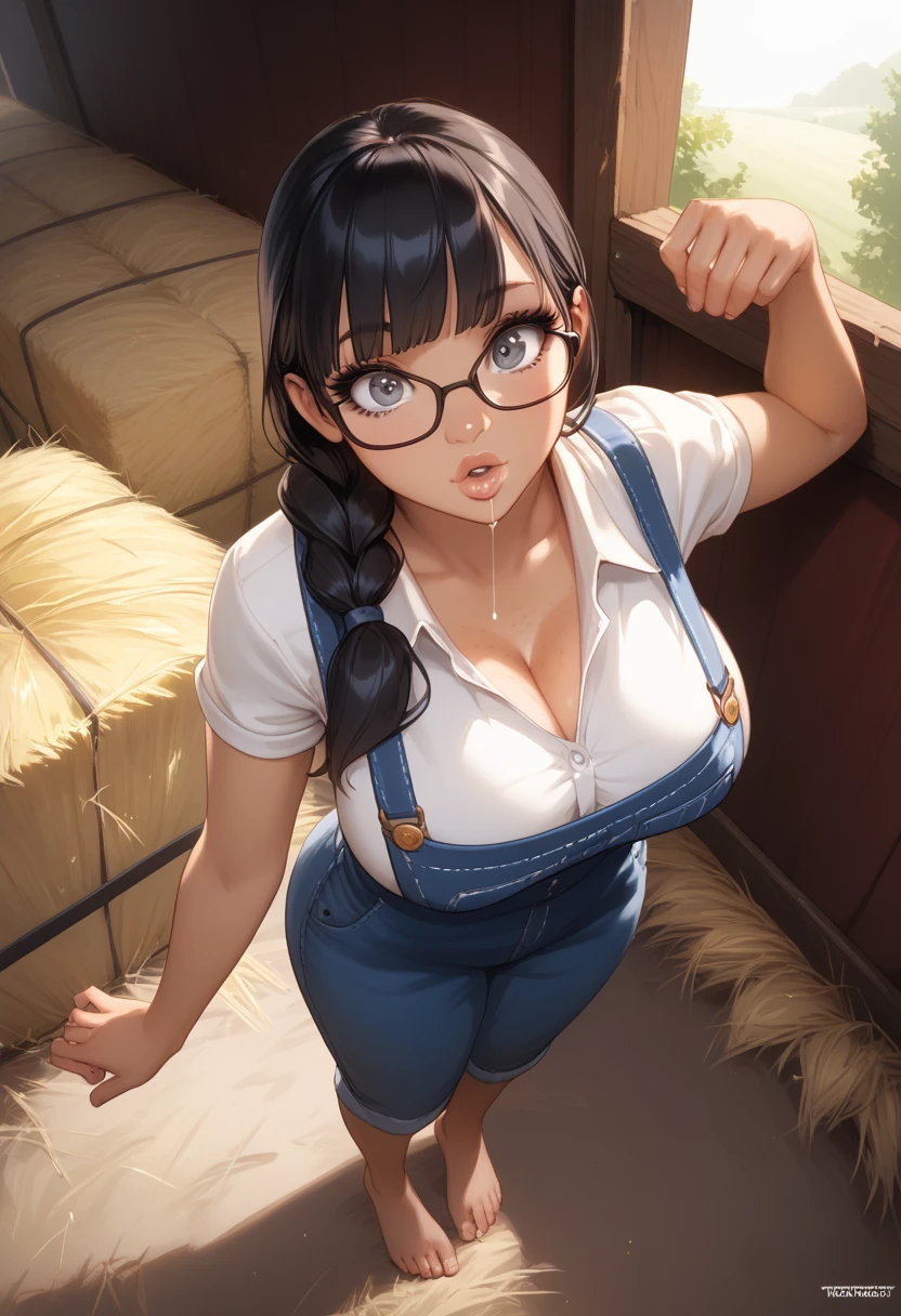 (best quality,4k,8k,highres,masterpiece:1.2),ultra-detailed,(realistic,photorealistic,photo-realistic:1.37), 1girl,rounded glasses,big glasses,beautiful detailed eyes, deep v cleavage, beautiful detailed lips,extremely detailed eyes and face,smiling,looking at the camera,short messy hair,dark-skinned, rounded eyes,cyan blue shirt,black shorts,close up,magazine shot,dynamic pose,studio lighting,vivid colors,portraits