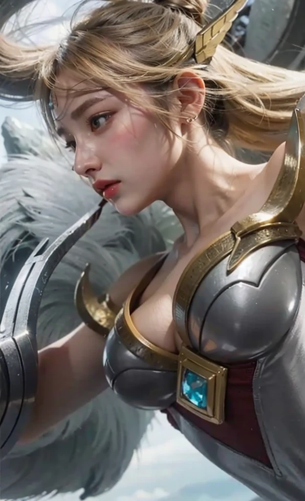 Official Art, Unity 8k wallpaper, ultra detail, masterpiece, best quality, one woman, (very detailed),(RAW photo, best quality), (realistic, photorealistic:1.3), high definition, open mouth wide, ultra-detailed complex 3D rendering of face, (big breasts: 8.8), (highly detailed skin: 1.2), (exposure: 1.1), Beautiful Caucasian woman with full soft breasts and white skin with big ass (topless), breasts, white hair, blue eyes, long hair, (translucent pink dress), dynamic angle, mystical expression, fire glow effect, fantasy background, rim lighting, side light, cinematic light, ultra high definition, 8k, film grain,best shadow, light particles, detailed skin texture, Detailed jewel armor texture, detailed face, intricate detail, super detailed, bright, strong, gold armor, cleavage, slender abs, have glowing weapons, have a shield, pole dron, ((beautiful huge crown with detail)), shining eyes, long red cloak, fantasy, (realistic),