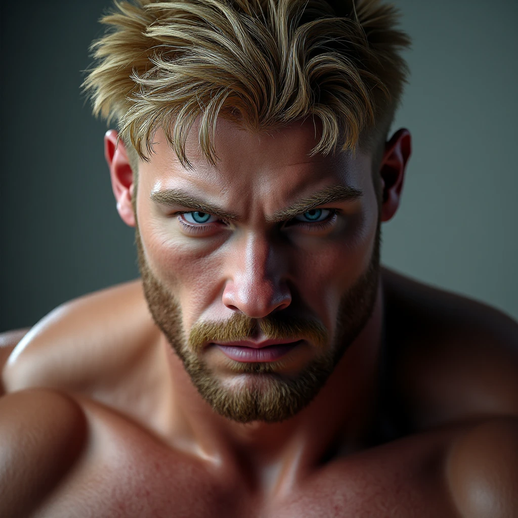 naughty man, stark, 
Cao Cao, blond, barba, blue colored eyes, Caucasian skin, wearing no shirt