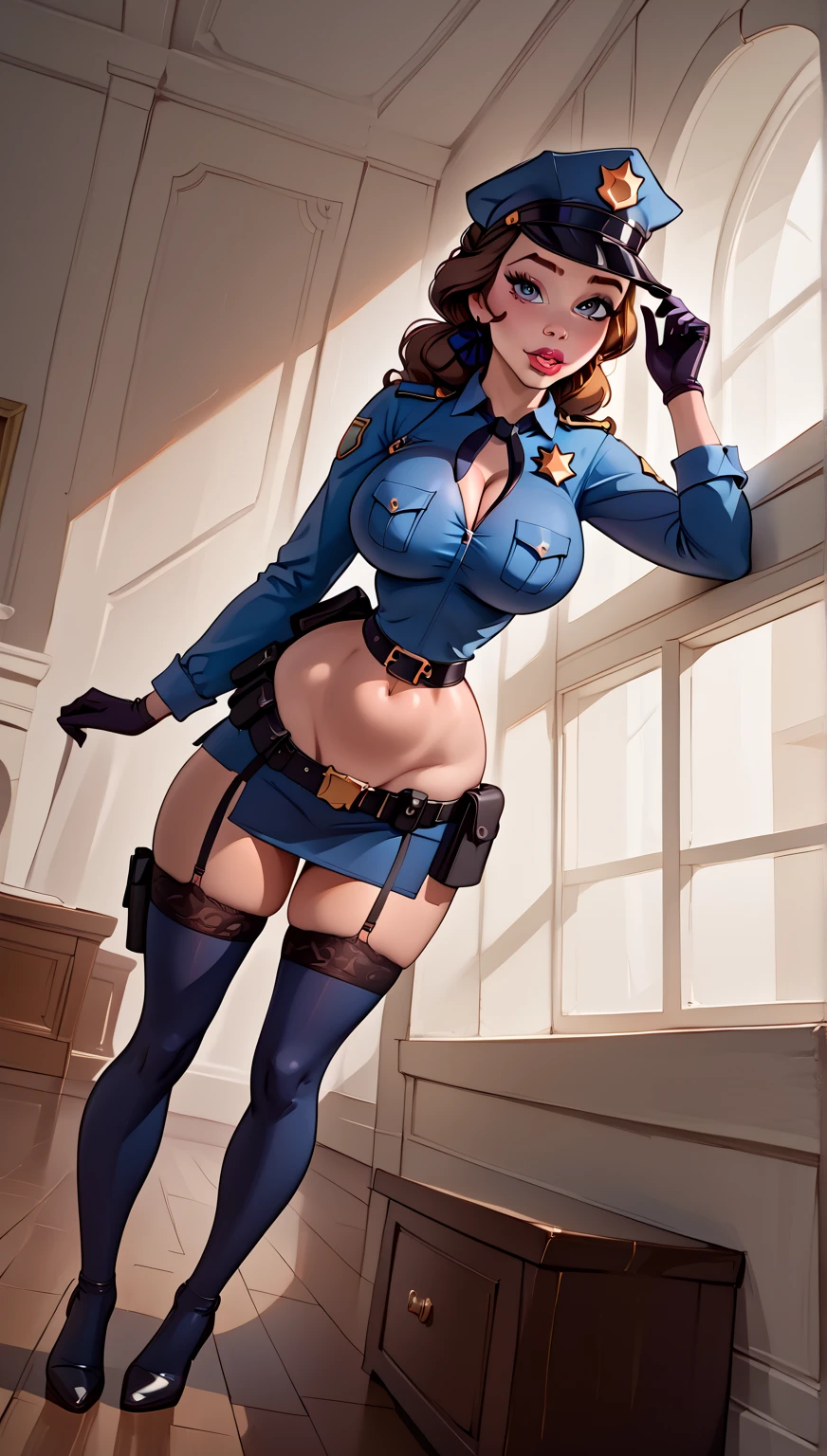 (1 beautiful mature slut), alone, gorgeous face, (blush)、((wearing a police uniform)), grin and laugh、red lips, eye shadow, eyeliner, ((open crotch))、show me your side、such an ass、((Please sit down))、big and full breasts, thighs, bob hair, lingerie、masterpiece, highest quality, 8k, realistic