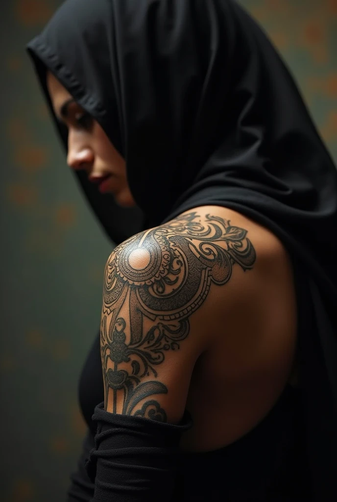Muslim girl with Tawheed flag tattoo on back, breasts, bare shoulders