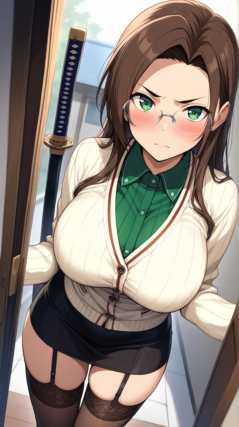 1girl,alone, chisato Hasegawa,( 4k detailed), (masterpiece), (ultra quality), (ultra detailed), (best illustration), (best shadow), (extremely detailed), (absurdities), (detailed background) ,standing, large breasts, medium waist, wide hips, medium thighs, round butt, room, bedroom, glasses, alone, long hair, red-rimmed glasses, half-rimmed glasses, brown hair, antenna hair, white shirt, turtleneck shirt, open shirt, green bra, black pantyhose, green thong, full body, green eyes perfect anatomy, perfect hands, sexy body, looking at viewer, from the front, focus on breasts, point of view (front), innocent smile, night, perfect anatomy, perfect hands, blush