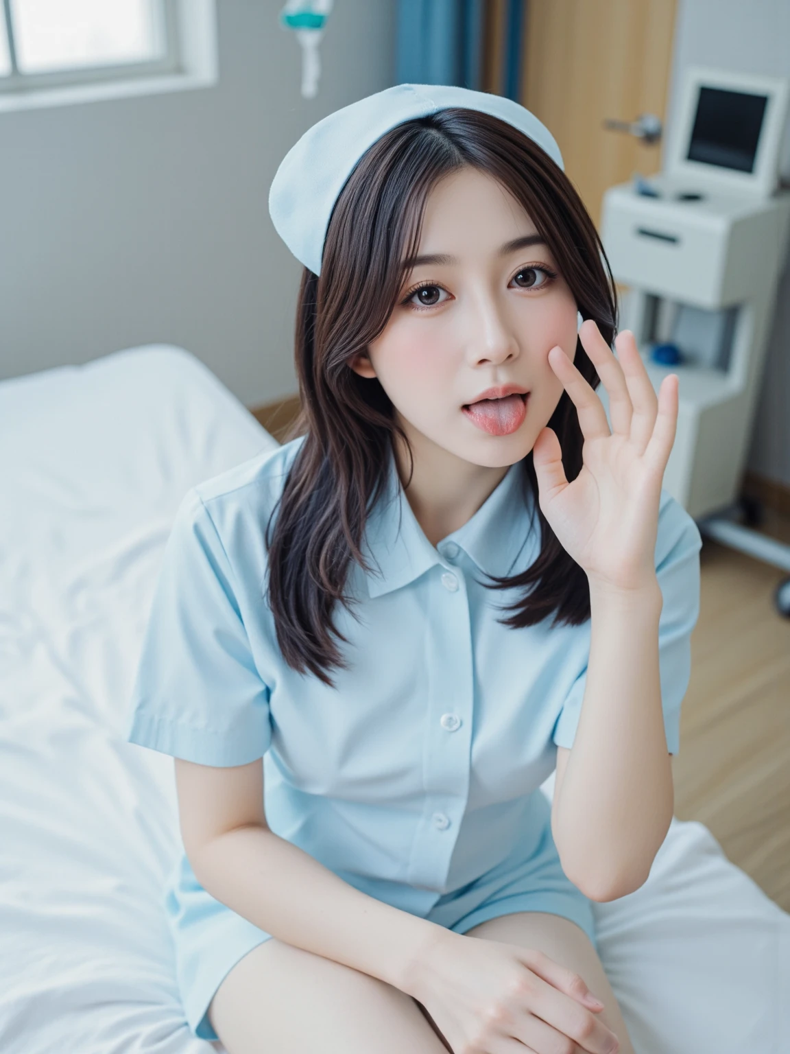 (Small nurse's cap, In underwear,Ass、Black Hair、Big Ass、Inside the hospital、White string panties、White bra、Knee-high socks)、Extremely sexy、Glamorous Body、smile、Professional Lighting、Impressive body curves、Beautiful adult woman、Captivating thighs、Very large breasts、Cleavage、Cowboy Shot