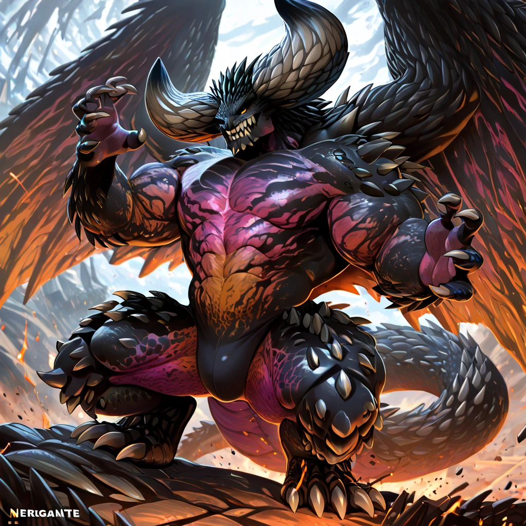 Nergigante, Male, Solo, Muscular, Muscle: 3, Pectoral Muscle: 2, Big Pecs, Horns, Wings, Claws, Wearing Loincloth, Happy, Smiling, Dragon Teeth, Jungle with Cave entrance Background, Correct anatomy, (Realistic shadows, depth of field, Wide Dynamic Field, Dark Shadows, HDR, Low Light: 1.2, Low Back shot), Standing, (by null-ghost, by Chunie, by darkgem), hands on hips, multi-colored body, front view, Correct Wings