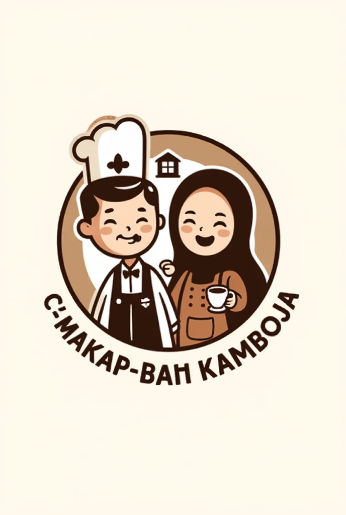 Image setting wide top view, created a hensom man with a slightly medium body, glasses, Malay face, 27 year, very little short, thin, and neat beard and mustache. Barista shirt and chef skull hat, he was a restaurant waiter who delivered a cup of warm coffee to are beautiful Malay women hijab, glasses, sitting are chair and facing camera, The Barista Shirt making word Gold inscription "payid", the background is outside Old Coffee Cafe.hanging a signboard behind the man that say 'Kopi Kampung' text style, the image is very detailed, super HD