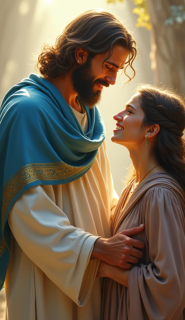 Jesus Christ hugging a girl that wear a graduation gown and they looking for a camera and smile