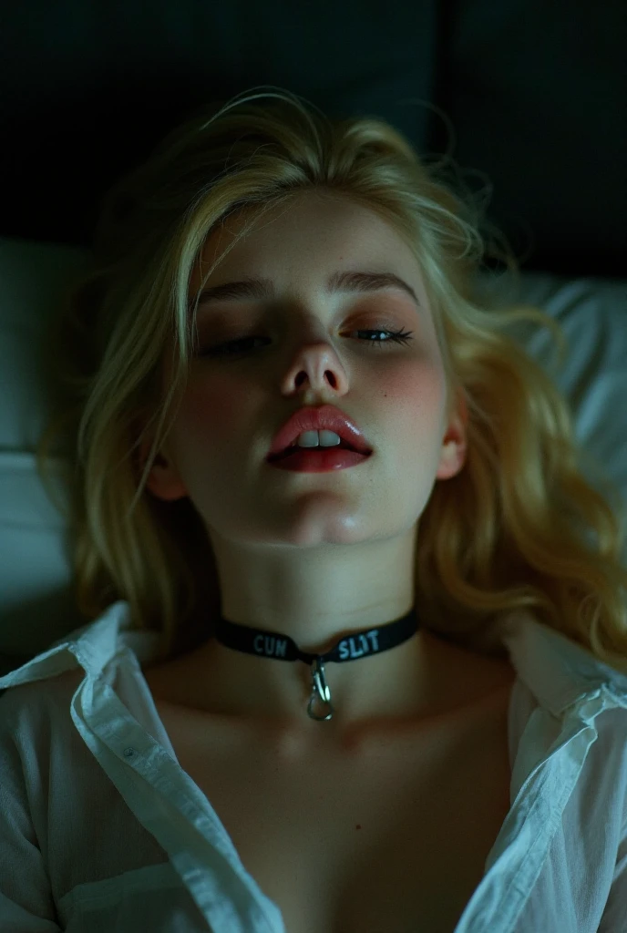 nude, lying on bed, (slave collar:2.0), realistic dull skin texture, viewed from above, legs open, (tied up:1.9), (handcuffed:1.6), (large breasts:1.2), krnnshpk woman, Kiernan Shipka, (cum on face:3.0), (suffocating:2.5)