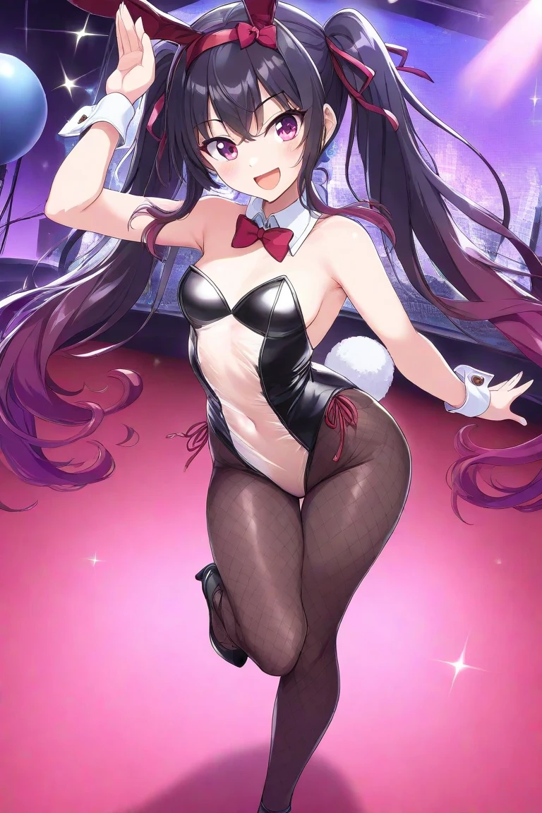 masterpiece, Highest quality, High resolution, hy1, hair ornaments, Multicolored Hair, casino, Playboy Bunny, Bunny ears, smile, wave hands
