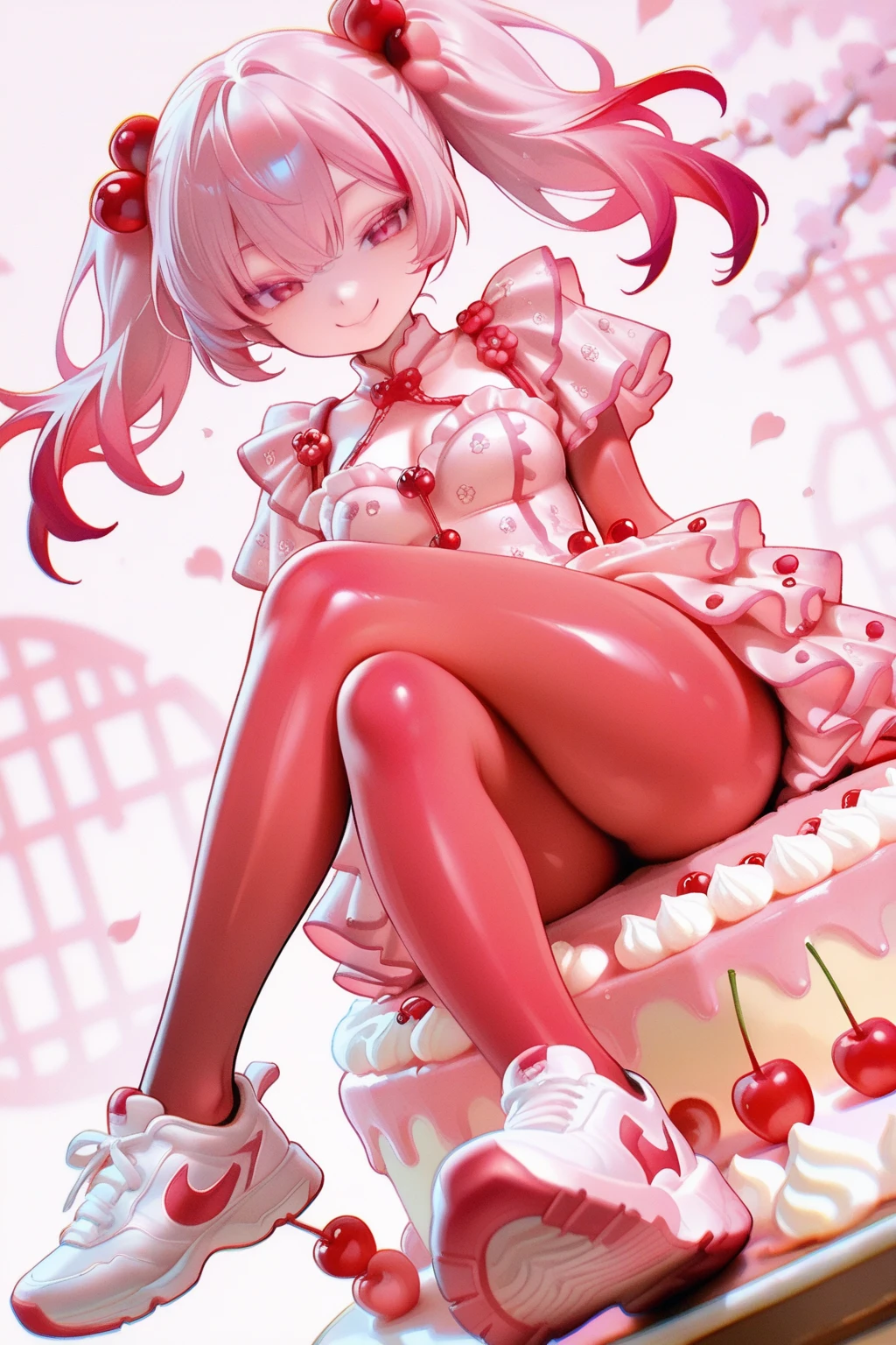 sugar rush evelynn,1girl, strapless dress, gloves, chocolate on body, strawberry hair ornament, multicolored hair,pink skin, colored skin,
offshoulder,full body,sfw,
geodesic dome, futuristic, innovative,