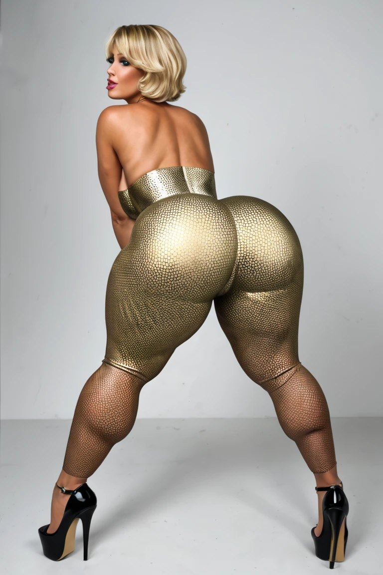 (zoom in), (masterpiece), 4k artwork, (hyper realist), Beautiful elderly woman, 65 years old, Grandmother, Female teacher, with an incredible body wearing a white swimsuit with a gold garter belt on the thighs with bronze and gold details, with her back to the camera showing a huge ass, Very slender waist, wide hip, linda Grandmother, beautiful old woman, night and urban scenery with bokeh and flares on camera
