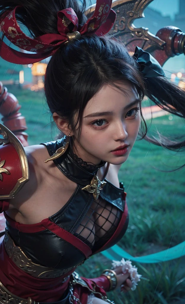 (Miss:1.2), 8k, ultra high definition, ultra Detailed texture, hyper actual, masterpiece, Detailed texture, Detailed face, delicate skin, detailed Lighting, (photoactual:1.5), best quality, beautiful Lighting, Light, professional Lighting, ultra high definition晰度, actual, Detailed hair, real hair, high quality, (Genuine Leather:1.5), Very detailed, fine details, super detailed, 1 girl, alone, Elf, pointed ears, Permanent installation, Devil's Point, forehead protector, (red eyes:1.5), V-shaped eyebrows, lips, red lips, Smile, nose, cosmetic, beautiful, beautiful, cute face, long hair, blue hair, high ponytail, big breasts, Split, armpit, navel, Stomach, black armor, pauldron, bare shoulders, pauldron, Thigh high, sleeveless, Detached sleeves, Breastplate, Handguard, corinna \(mobile legends\), depth of field, 把目Light移開, White skin, tight skin, amazing pose, Outdoor sports, 發Light, dark vision