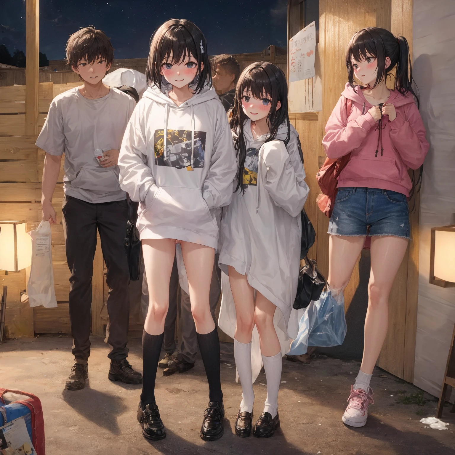 (Masterpiece, top quality, high resolution, realistic photo, realistic looking skin:1.1),
(3 characters, Woman A, Woman B, Man: 1.8),
(Woman A is depressed and crying:1.8),
(Woman A is squatting: 1.5),
(Woman A is a college student, wearing a white off-the-shoulder knit, a red mini-skirt, long brown boots and long brown hair:1.5),
(From a distance, woman B and a male pair are watching that woman A: 1.8),
(Woman B and the man pair are standing: 1.8),
(The man has his back to Woman A: 1.8),
(Woman B is standing with a mature face, wearing a long dress and smiling:1.8),
(The man is 23 years old, ignores the woman, and is wearing denim and a jacket:1.8),
(Location: downtown:1.5),
(with a comedic touch:1.8),
Full-bodied esbian, beautiful eyes, shining eyes, shining thighs, NSFW.