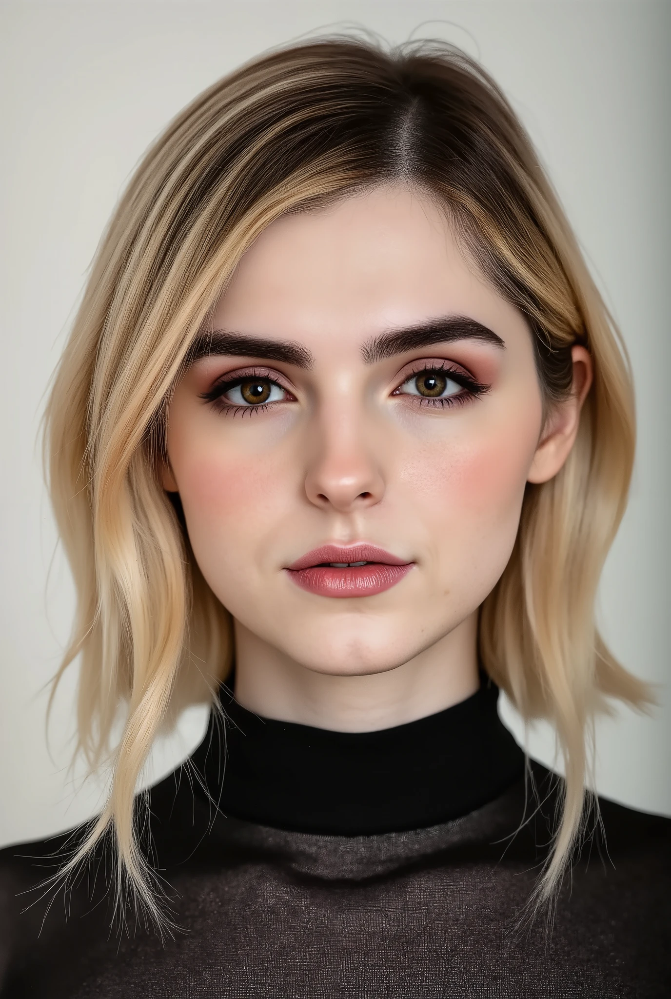 A high-quality, glamour (close-up portrait:1.5) of a young woman dressed in a turtleneck. blending laid-back comfort with a touch of effortless elegance. Her expression is calm and approachable, radiating friendliness and quiet confidence. The setting features a clean, solid background in a soft, neutral tone, with expertly diffused lighting to highlight her natural features and enhance the overall composition. The focus is sharp, capturing fine details like her skin texture, long blonde hair, and subtle makeup, creating a polished and professional aesthetic.