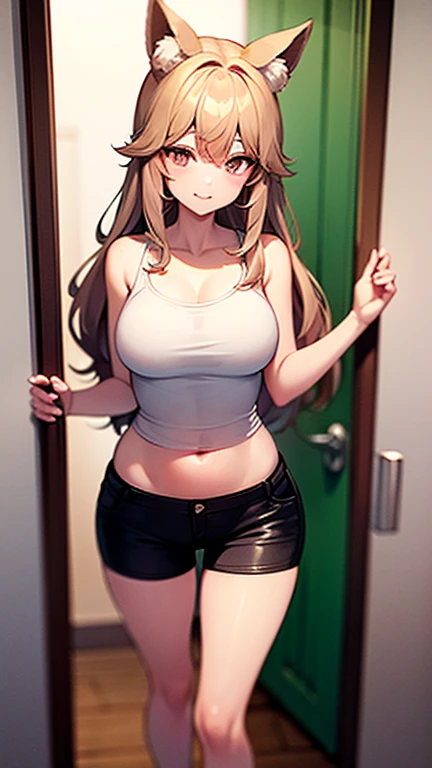 arafed woman with a white tank top and a necklace, at a nightclub, sexy girl with brown eyes, portrait sophie mudd, brown long hair and large eyes, selfie of a young woman, bedroom eyes, violet myers, without makeup, natural makeup, looking directly at the camera, face with artgram, subtle makeup, stunning full body shot, beautiful angle, attractive pose, cute girl, sexy pose, full body picture, full body, full body shoot, brunette goddess, high detail, satisfied pose, wearing grey skirt and boots, skirt, boots